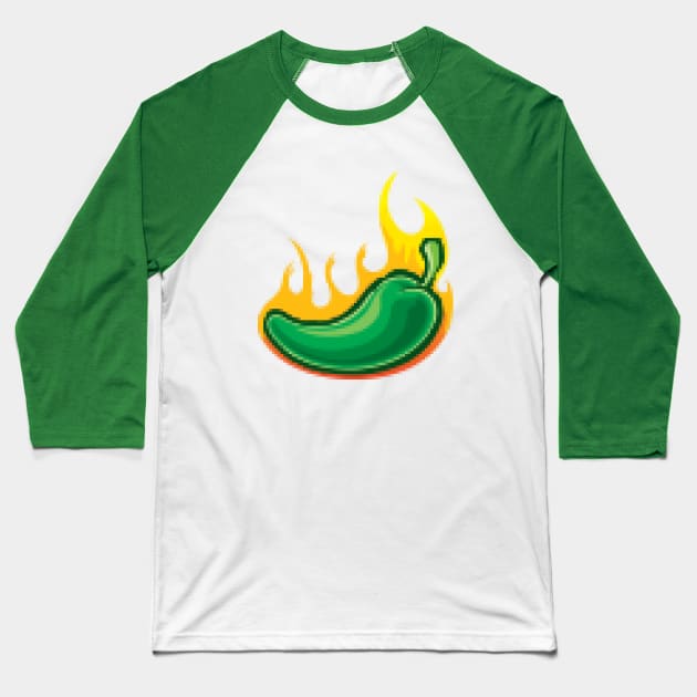 Jalapeno Pepper of Flaming Pixels for Hot Mexican Food Lover Baseball T-Shirt by PerttyShirty